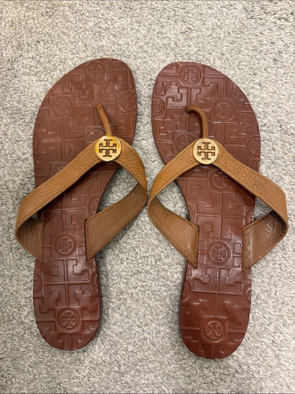 Tory Burch Brown Leather Flip Flop Sandals with Gold Logo